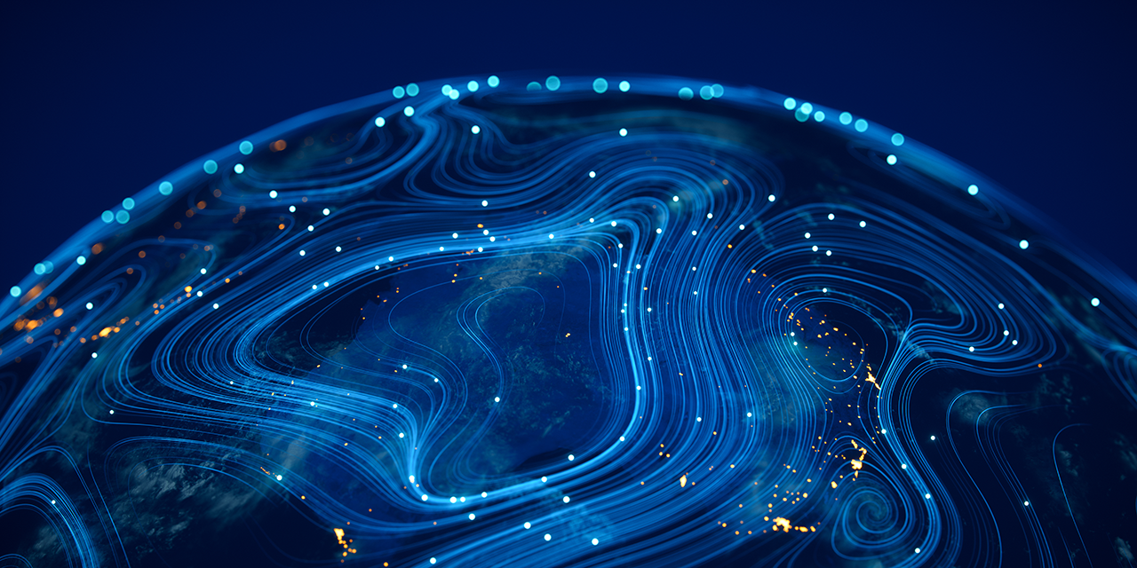 Global digital network with interconnected data flows, representing market connectivity and financial insights.