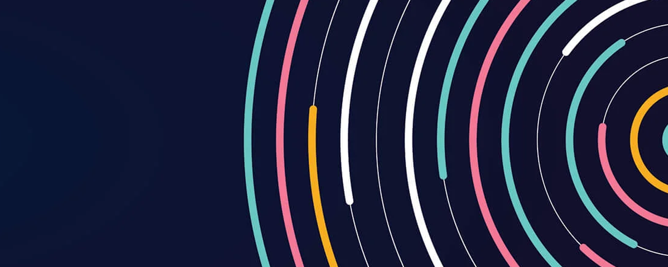 Abstract graphic of offset, circular lines of varying weights and colors
